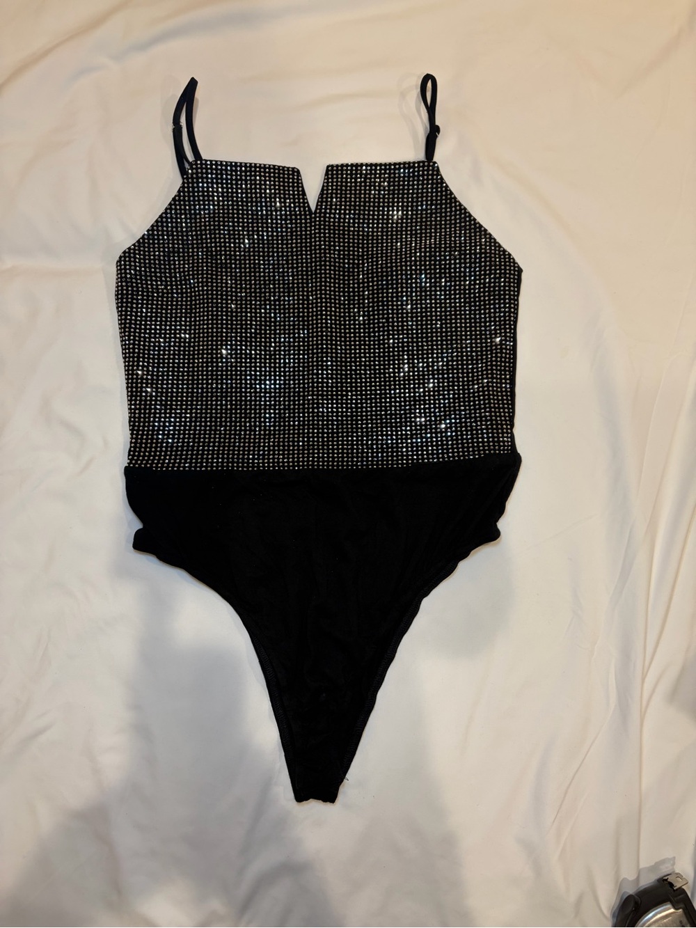 Cloud Ten Black Rhinestone-Detail High-Cut Bodysuit, Women’s Large